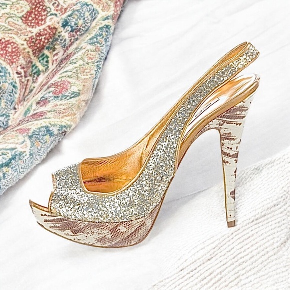 Miu Miu Embellished Silver Glitter Peep Toe Leather Slingback Shoes 8.5 - Picture 13 of 14